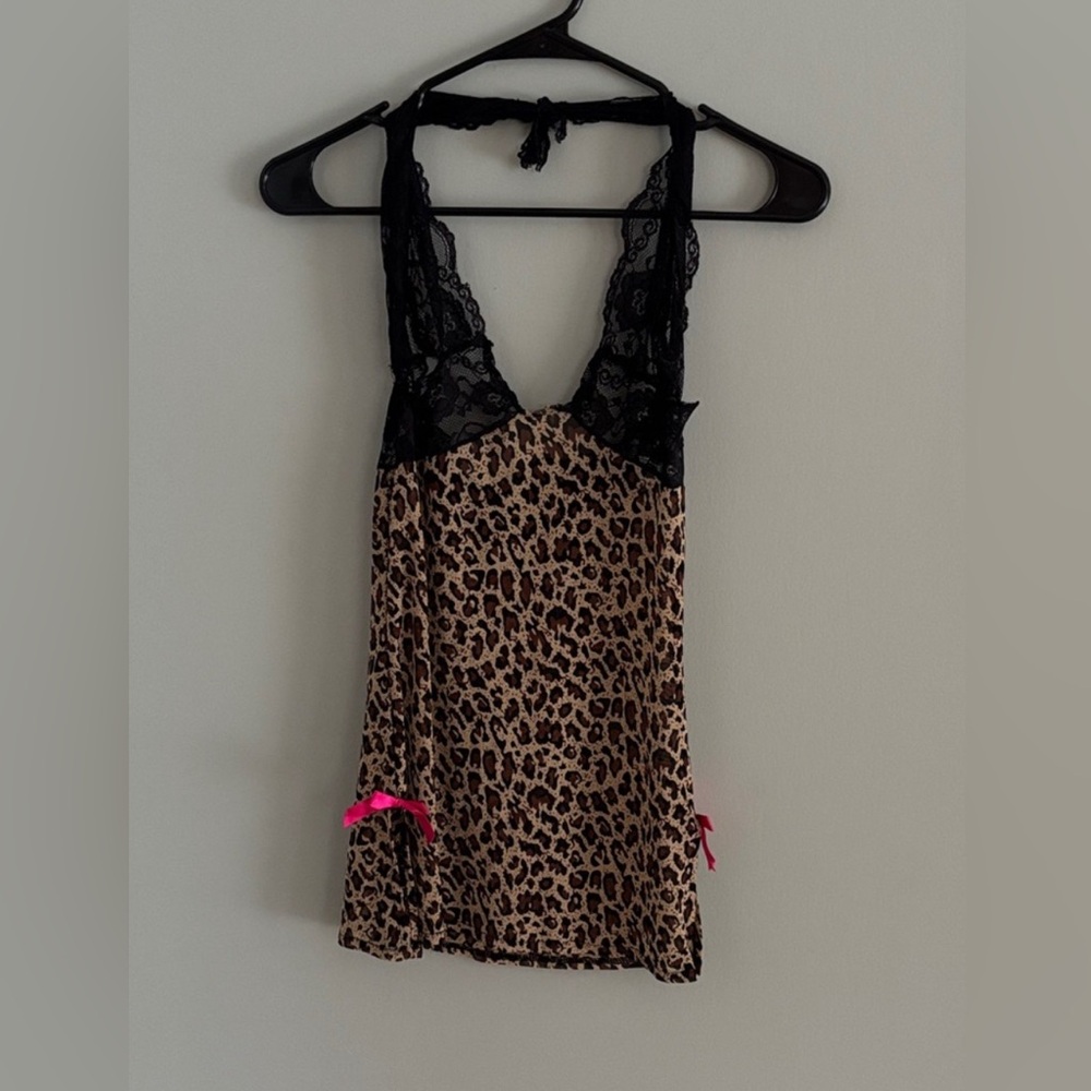 Leopard Print Lace Sexy Stripper Dress Pink Bows Black Lace Women’s Size S Small
